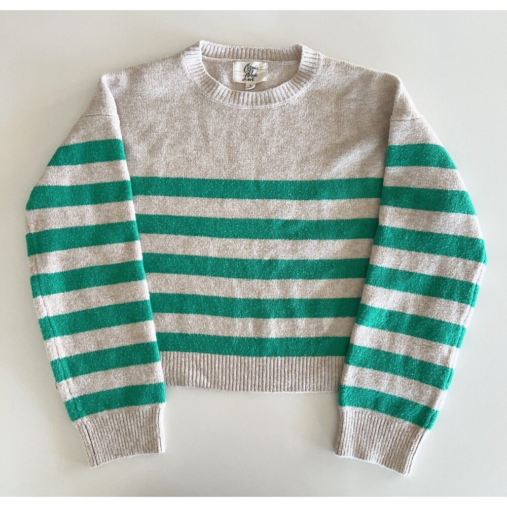 Cosmic Blue Love Green Striped Cropped Knit Sweater Women's Size S Crewneck